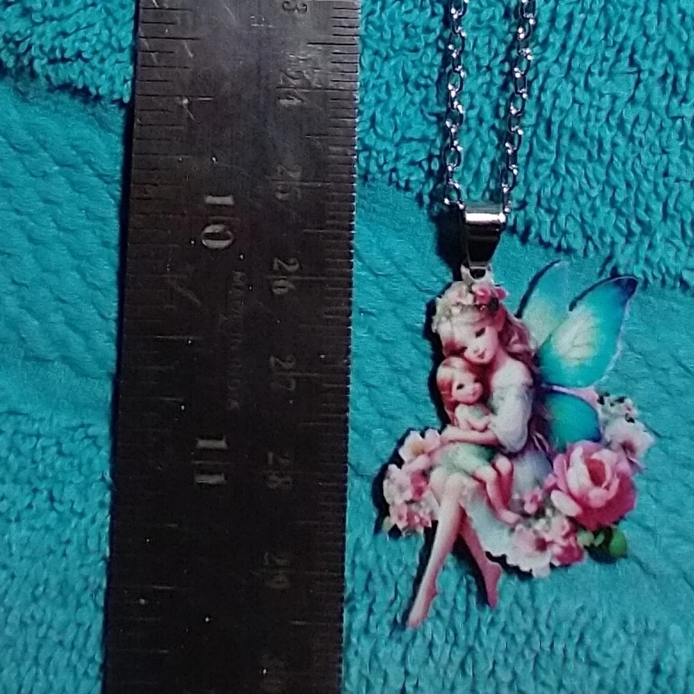 Fairy Pendant with Blue Wings and Pink Flowers chain necklace